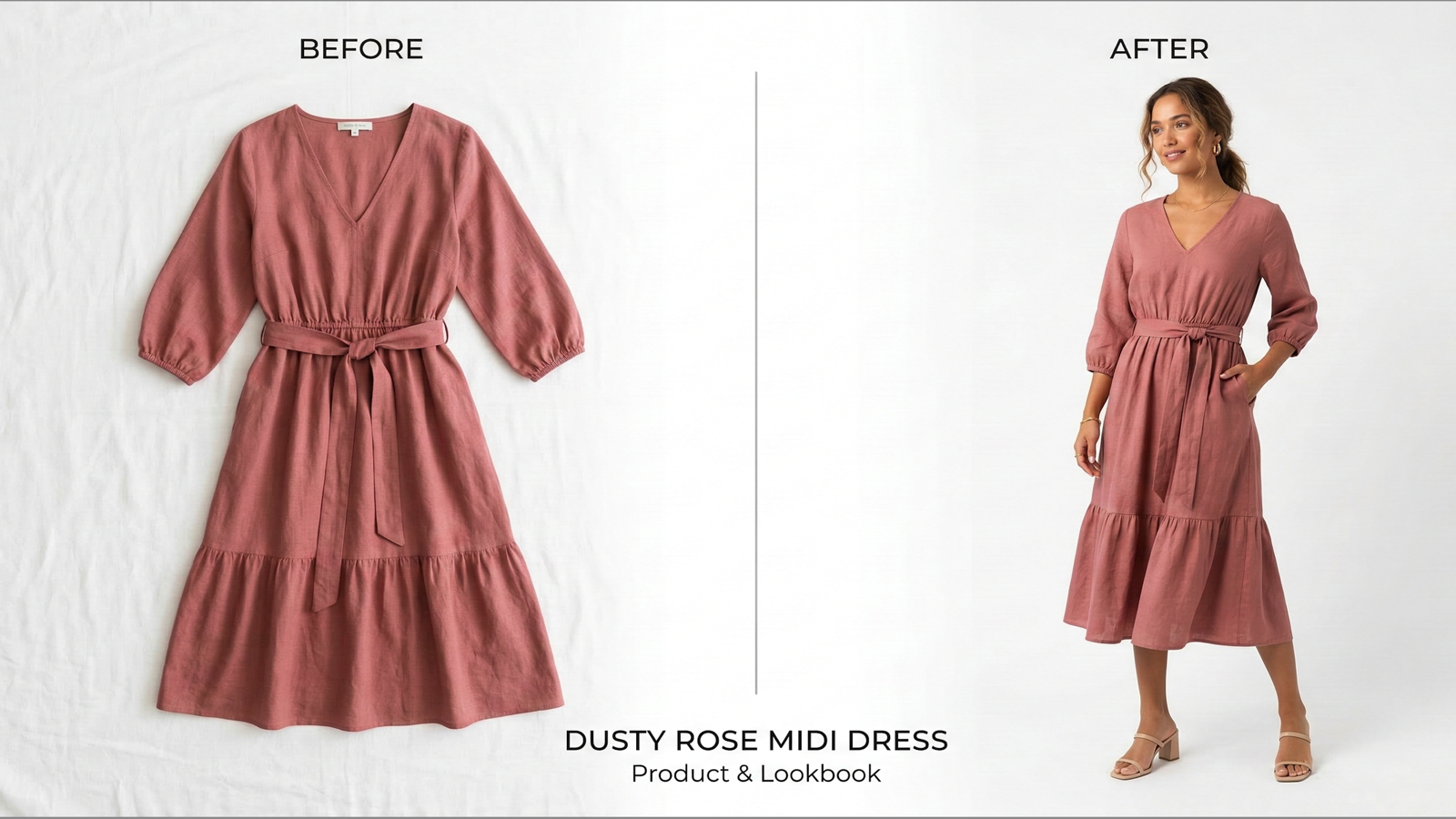 Flat-lay garment transformed into a professional studio on-model shot