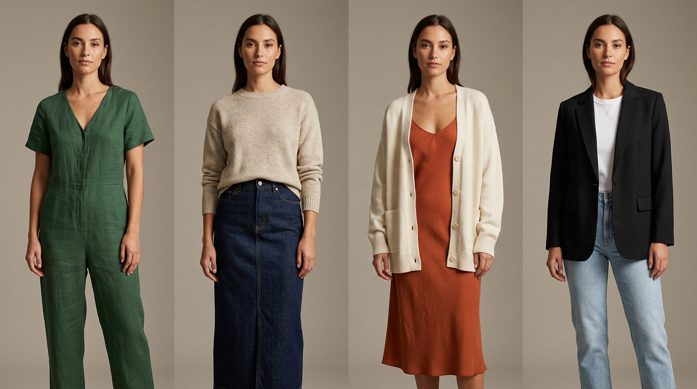 Editorial grid of coordinated on-model apparel photos showing consistent background, lighting, crop, and pose system across several products.