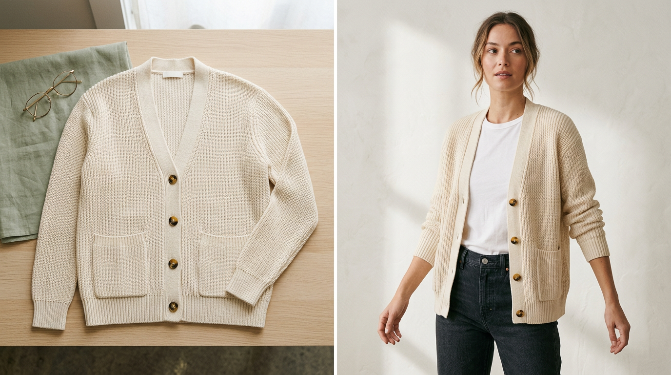 Premium before-and-after editorial scene showing a simple flat-lay garment transformed into a polished on-model product photo suitable for a fashion Shopify product page.