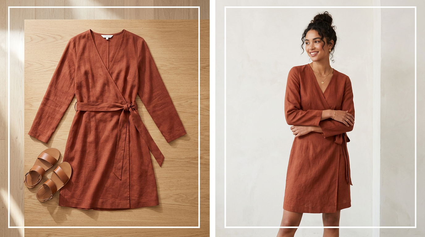 Editorial-style fashion image showing a clothing item transformed from a simple flat-lay source into a polished on-model product photo suitable for a premium Shopify storefront.