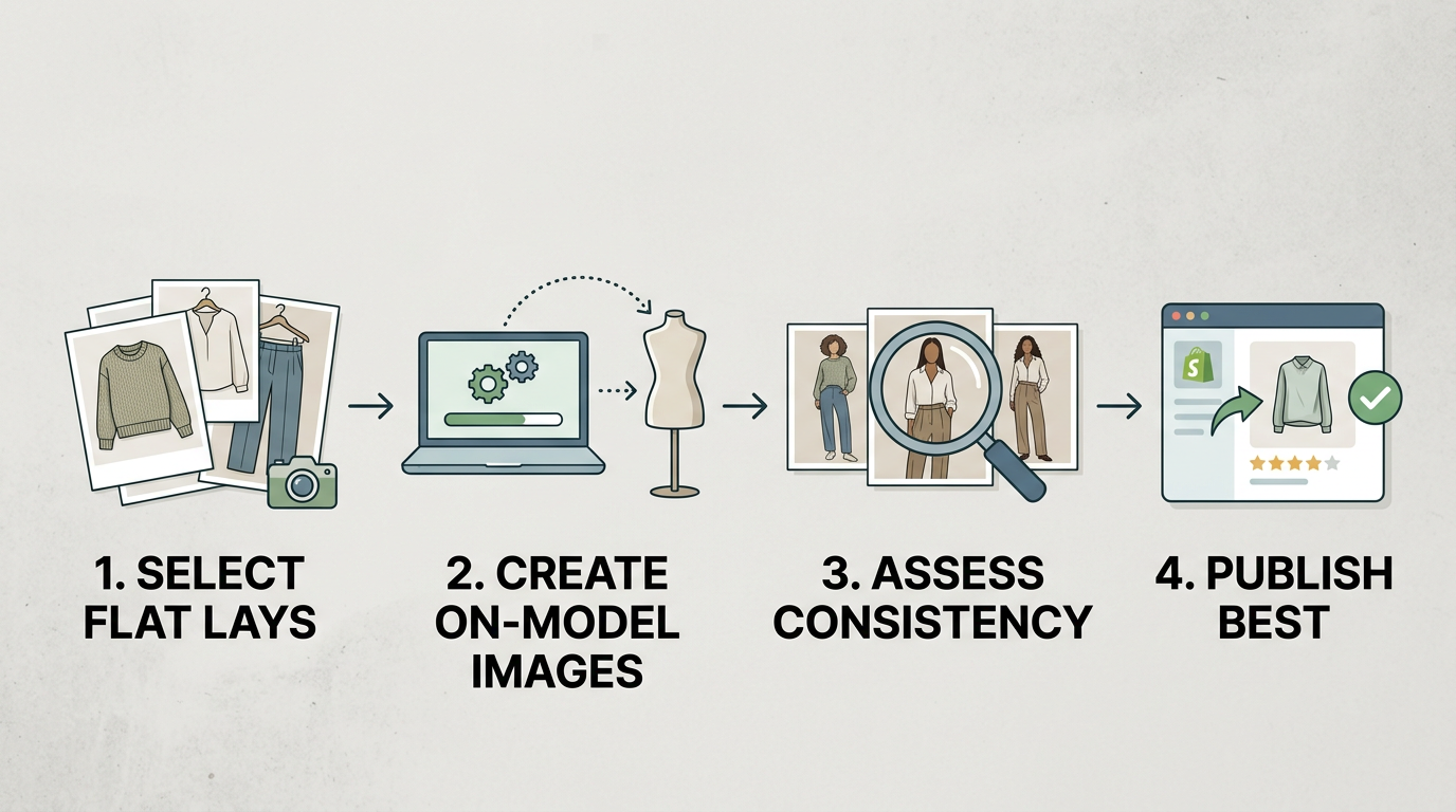 Simple diagram illustrating a small-batch test process for evaluating an AI fashion photography tool on a Shopify collection.