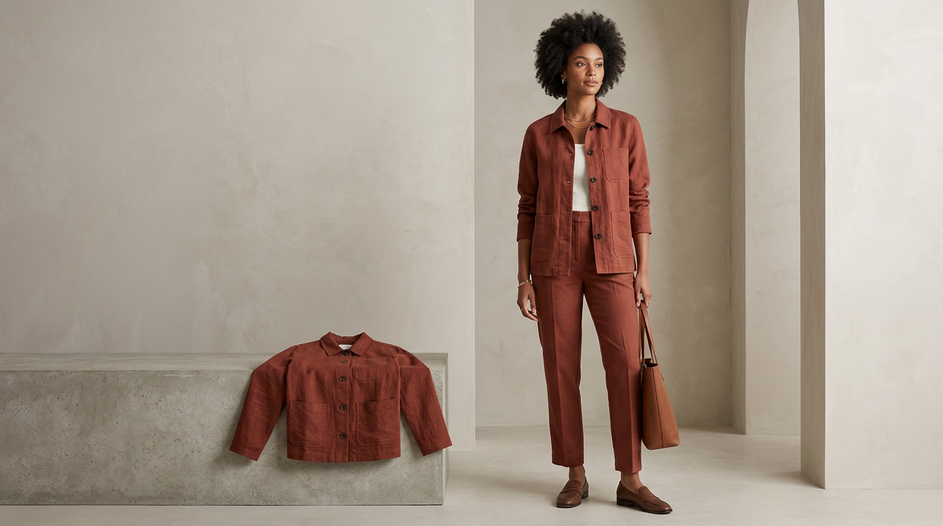 Editorial fashion scene showing a single apparel item presented as a polished on-model ecommerce image for a premium Shopify storefront, with subtle reference to a simple source garment off to the side.