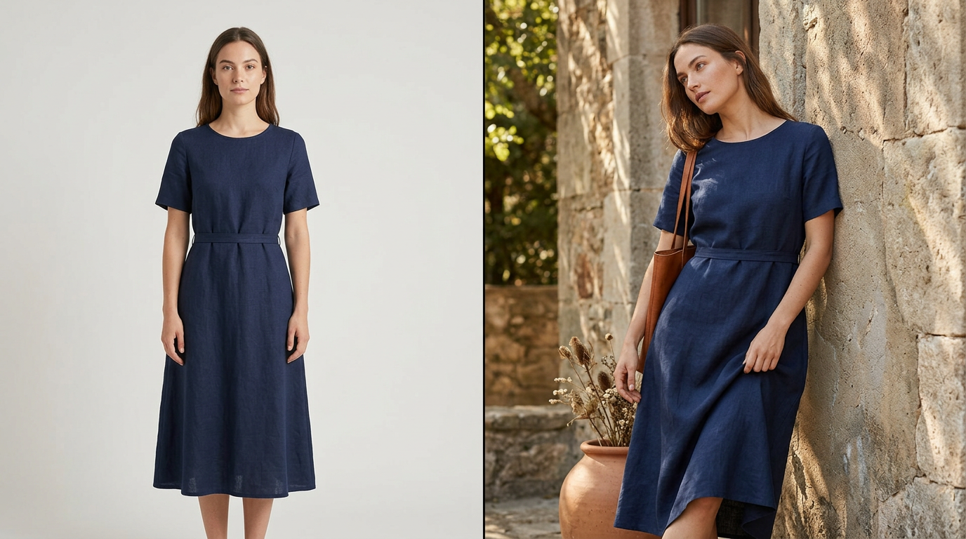 Split editorial image showing the same dress presented two ways: a clean, centered product-page style model photo on one side and a more expressive campaign-style version on the other.