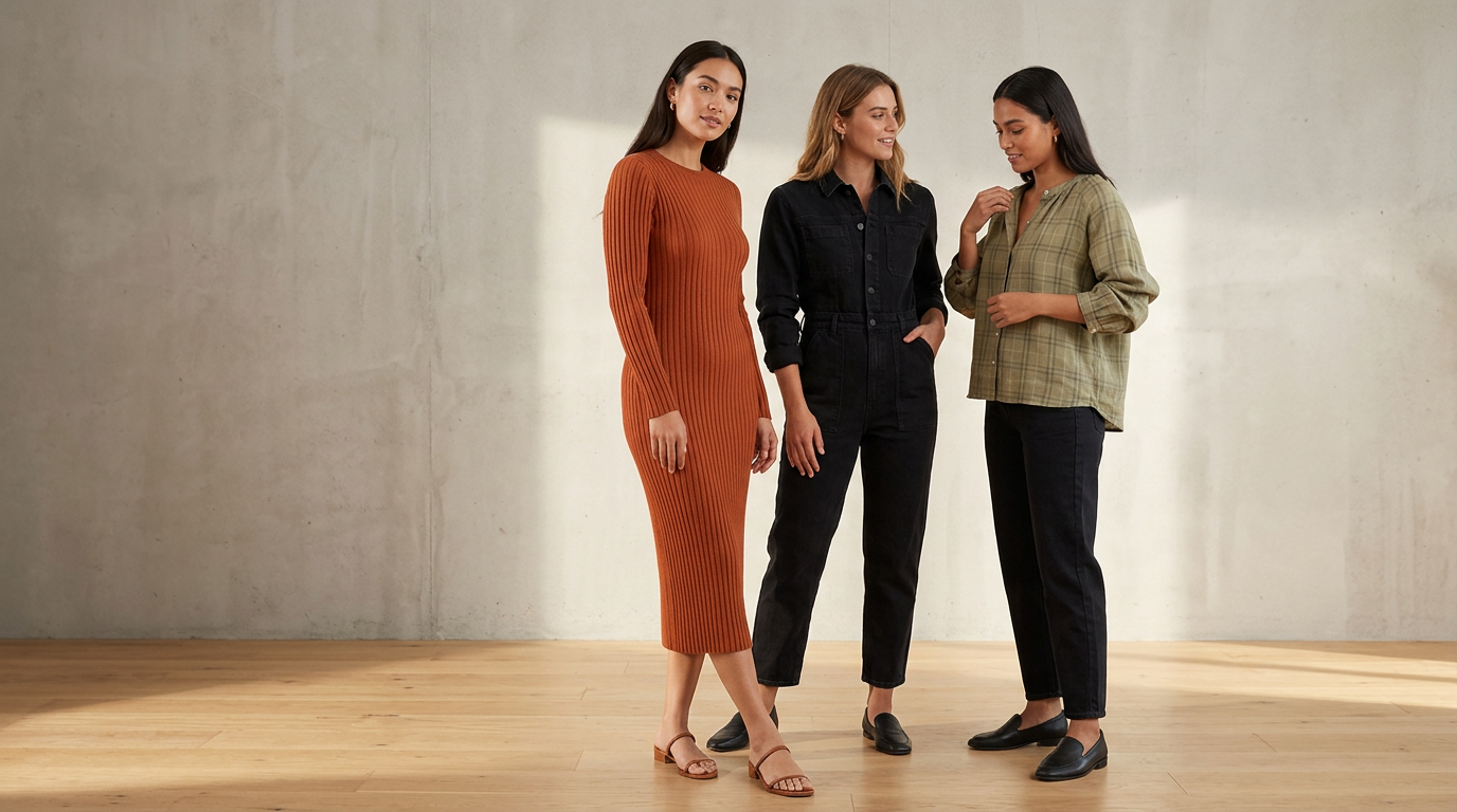 Editorial fashion image showing an indie apparel collection presented in a premium, cohesive on-model style that feels ready for a high-end Shopify theme refresh.