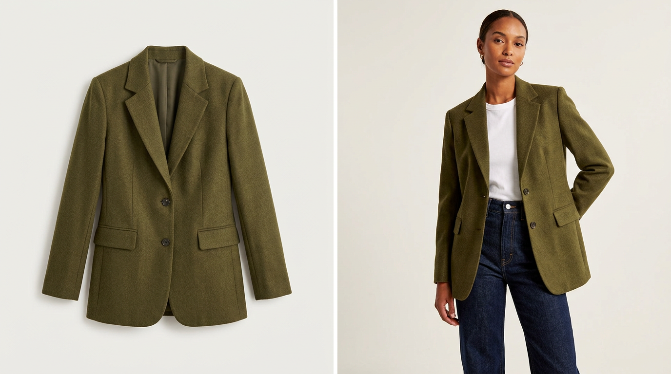 Side-by-side fashion visual comparing a flat-lay garment with a polished on-model version that better communicates fit and silhouette.